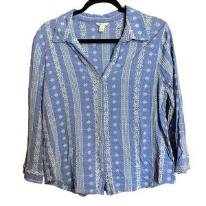 Cato Top Womens Large Blue White Embroidered Eyelet Button Up Artsy Blouse
